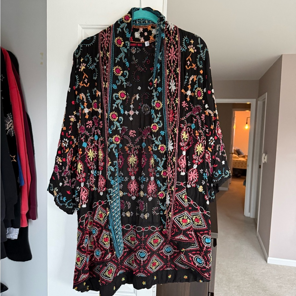 Johnny Was Black Multicolor Embroidered Kimono Jacket